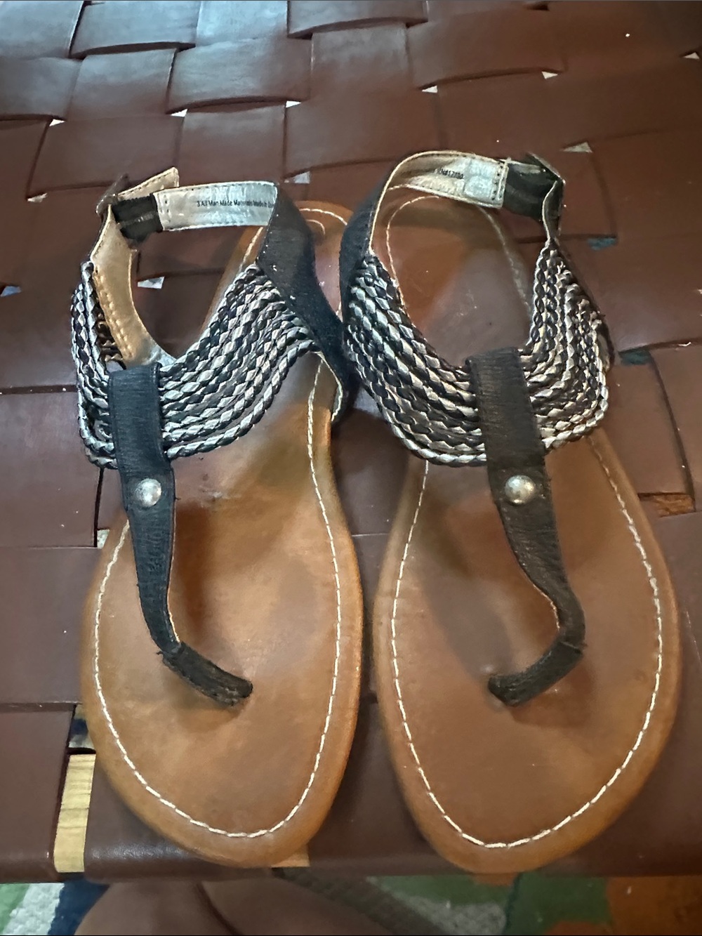 Cherokee Brown and Black Braided T-Strap Kids Sandals